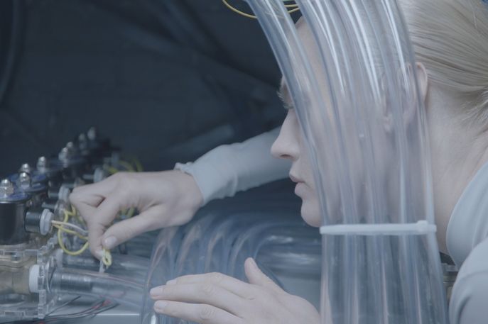 Film Still of JB1.0: Jamming Bodies Laboratory, 2015  by  Lucy McRae, Skylar Tibbits with MIT's Self-Assembly Lab and M. Brandon Finney, commissioned by Storefront for Art and Architecture, New York