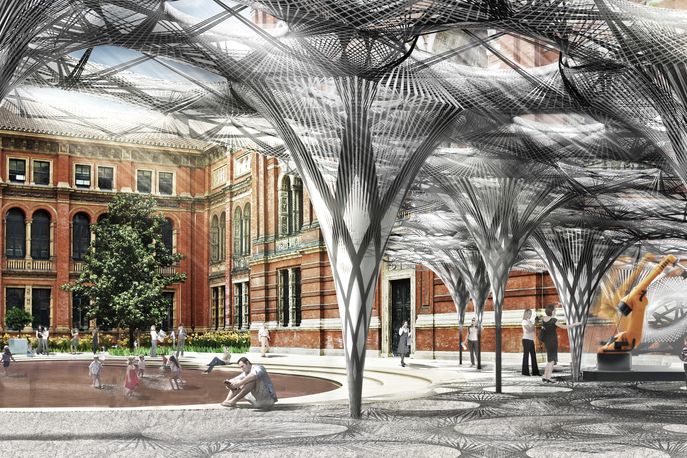Render of the Elytra Filament Pavilion by architects Achim Menges and Moritz Dörstelmann at the V&A, London