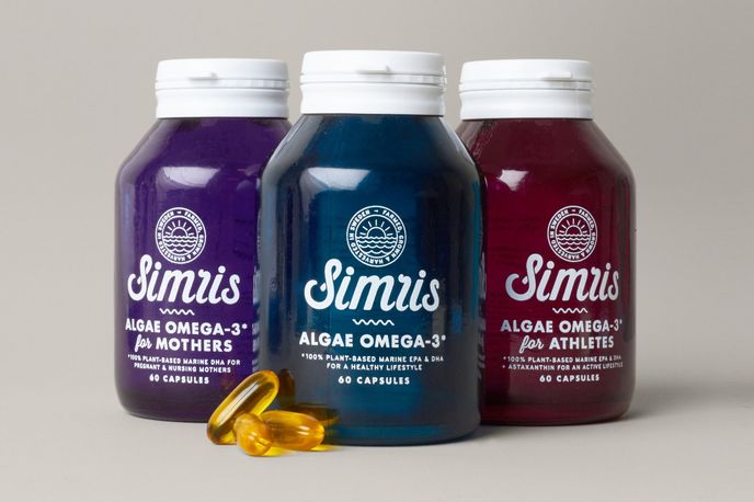 Simris algae-based Omega 3 oils, packaging by Snask