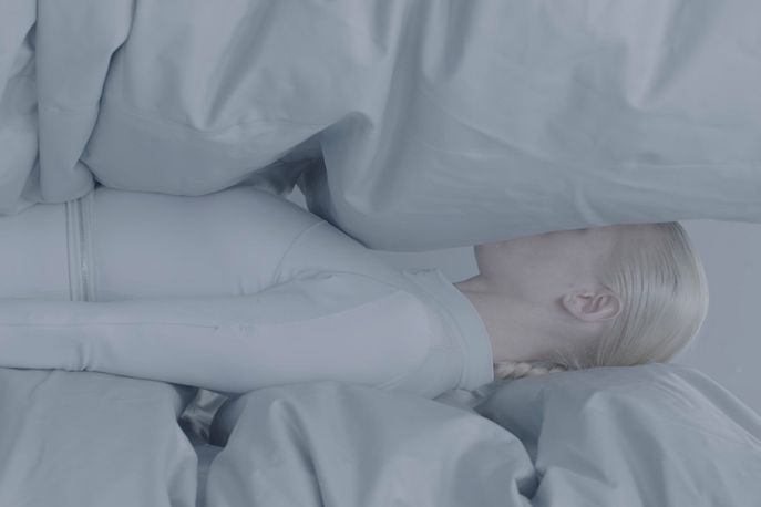 Film Still of JB1.0: Jamming Bodies Laboratory, 2015  by  Lucy McRae, Skylar Tibbits with MIT's Self-Assembly Lab and M. Brandon Finney, commissioned by Storefront for Art and Architecture, New York