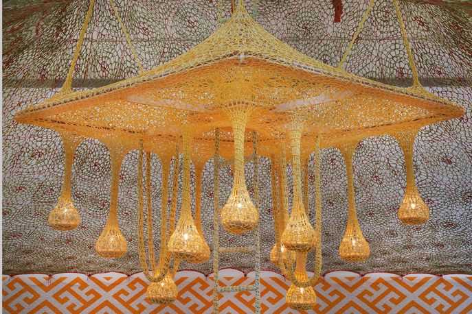  CanoeKeneJaguarPataLampLight by Ernesto Neto and the Huni Kuin for Sacred Secret at TBA21, Vienna