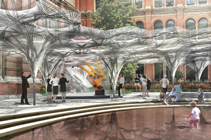 Render of the Elytra Filament Pavilion by architects Achim Menges and Moritz Dörstelmann at the V&A, London