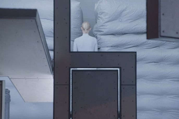 Film Still of JB1.0: Jamming Bodies Laboratory, 2015  by  Lucy McRae, Skylar Tibbits with MIT's Self-Assembly Lab and M. Brandon Finney, commissioned by Storefront for Art and Architecture, New York