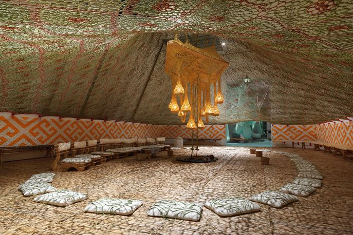  CanoeKeneJaguarPataLampLight by Ernesto Neto and the Huni Kuin for Sacred Secret at TBA21, Vienna
