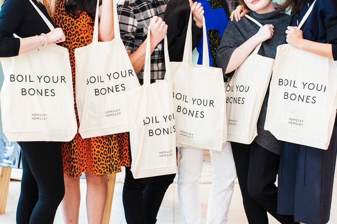 Boil your bones tote bags by Hemsley and Hemsley